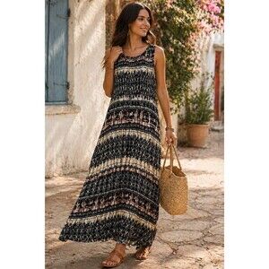 Notations Women’s Maxi Dress Large Black Boho Sleeveless Rayon Stretch Casual